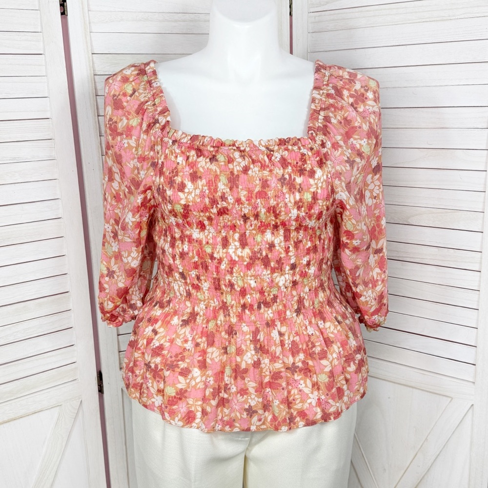 Nanette Lepore Cottagecore Floral Smocked‎ Peplum Puff Sleeve Blouse Pink Large